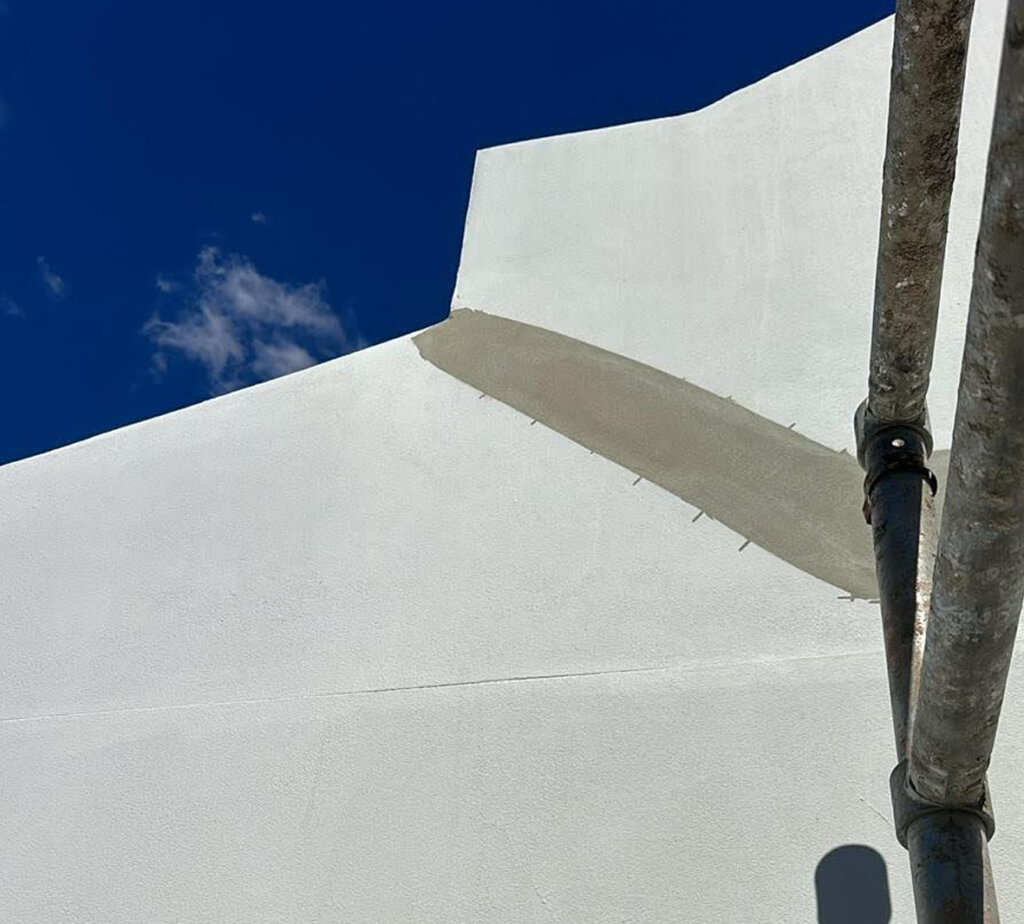 Exterior wall crack repair waterproofing Balmain, Wall Crack patched filled view from scaffold